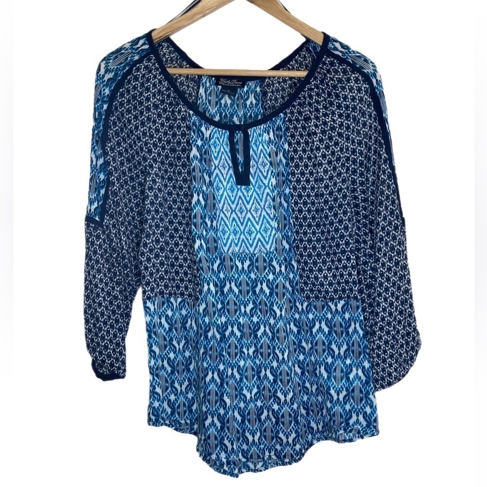 Lucky brand 3/4 sleeve boho sheer baggy blue clashing patterns peasant blouse
